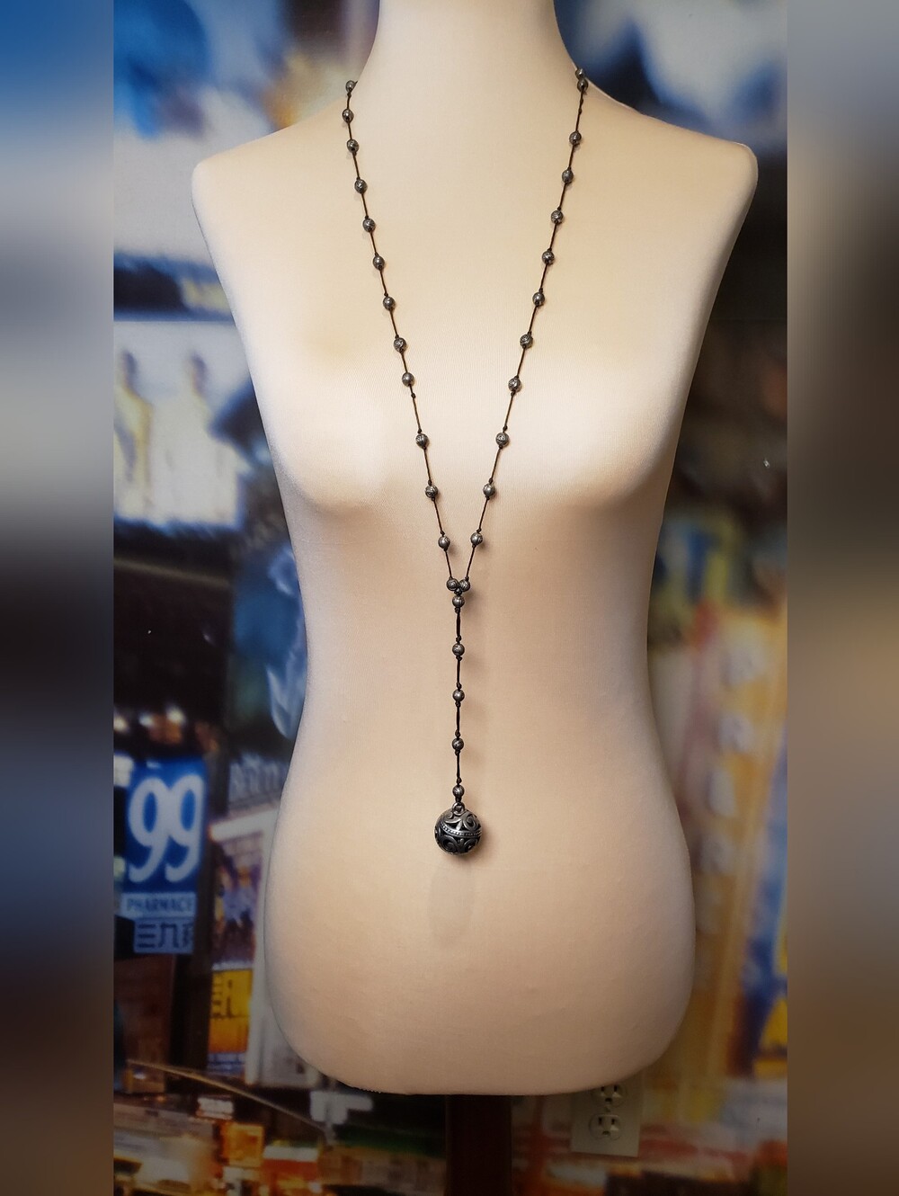Long Beaded Cord Necklace with Filigree Pendant